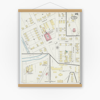 Old map wall art mockup — magnetic wood frame on white wall — Sanborn Fire Insurance Map from Ithaca, Tompkins County, New York (1893), Sheet #0022