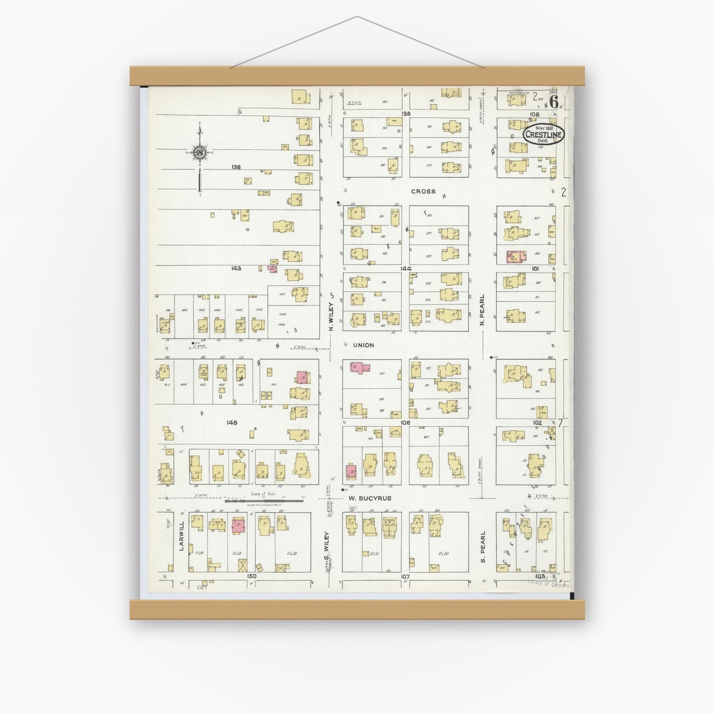 Old map wall art mockup — magnetic wood frame on white wall — Sanborn Fire Insurance Map from Crestline, Crawford County, Ohio (1921), Sheet #0006
