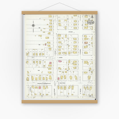 Old map wall art mockup — magnetic wood frame on white wall — Sanborn Fire Insurance Map from Crestline, Crawford County, Ohio (1921), Sheet #0006