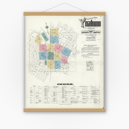 Old map wall art mockup — magnetic wood frame on white wall — Sanborn Fire Insurance Map from Yoakum, De Witt And Lavaca Counties, Texas (1912) - Complete Map Set