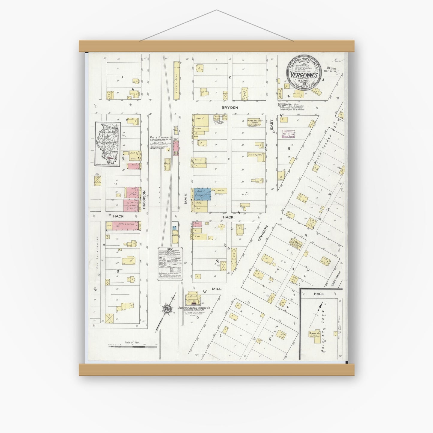 Old map wall art mockup — magnetic wood frame on white wall — Sanborn Fire Insurance Map from Vergennes, Jackson County, Illinois (1914), Sheet #0001