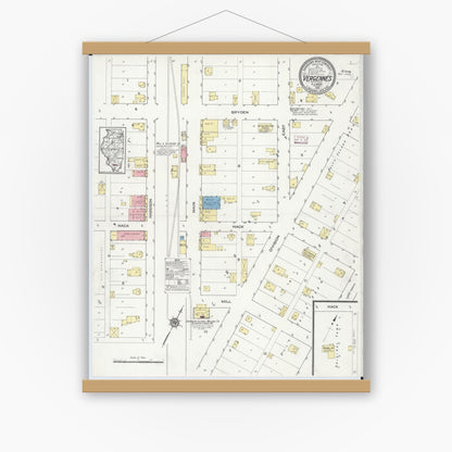Old map wall art mockup — magnetic wood frame on white wall — Sanborn Fire Insurance Map from Vergennes, Jackson County, Illinois (1914), Sheet #0001