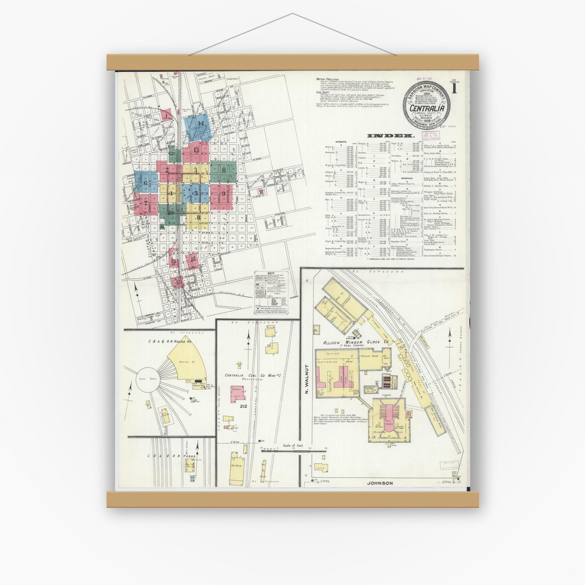 Old map wall art mockup — magnetic wood frame on white wall — Sanborn Fire Insurance Map from Centralia, Marion, Clinton, Jefferson, and Washington Counties, Illinois (1909), Sheet #0001