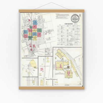 Old map wall art mockup — magnetic wood frame on white wall — Sanborn Fire Insurance Map from Centralia, Marion, Clinton, Jefferson, and Washington Counties, Illinois (1909), Sheet #0001