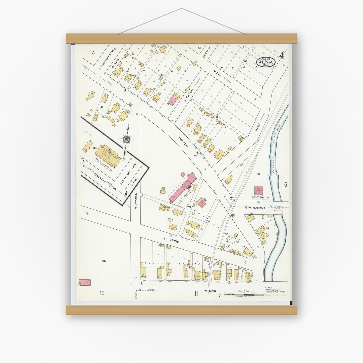 Old map wall art mockup — magnetic wood frame on white wall — Sanborn Fire Insurance Map from Xenia, Greene County, Ohio (1919), Sheet #0004