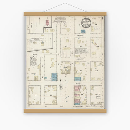 Old map wall art mockup — magnetic wood frame on white wall — Sanborn Fire Insurance Map from Honey Grove, Fannin County, Texas (1885) - Complete Map Set