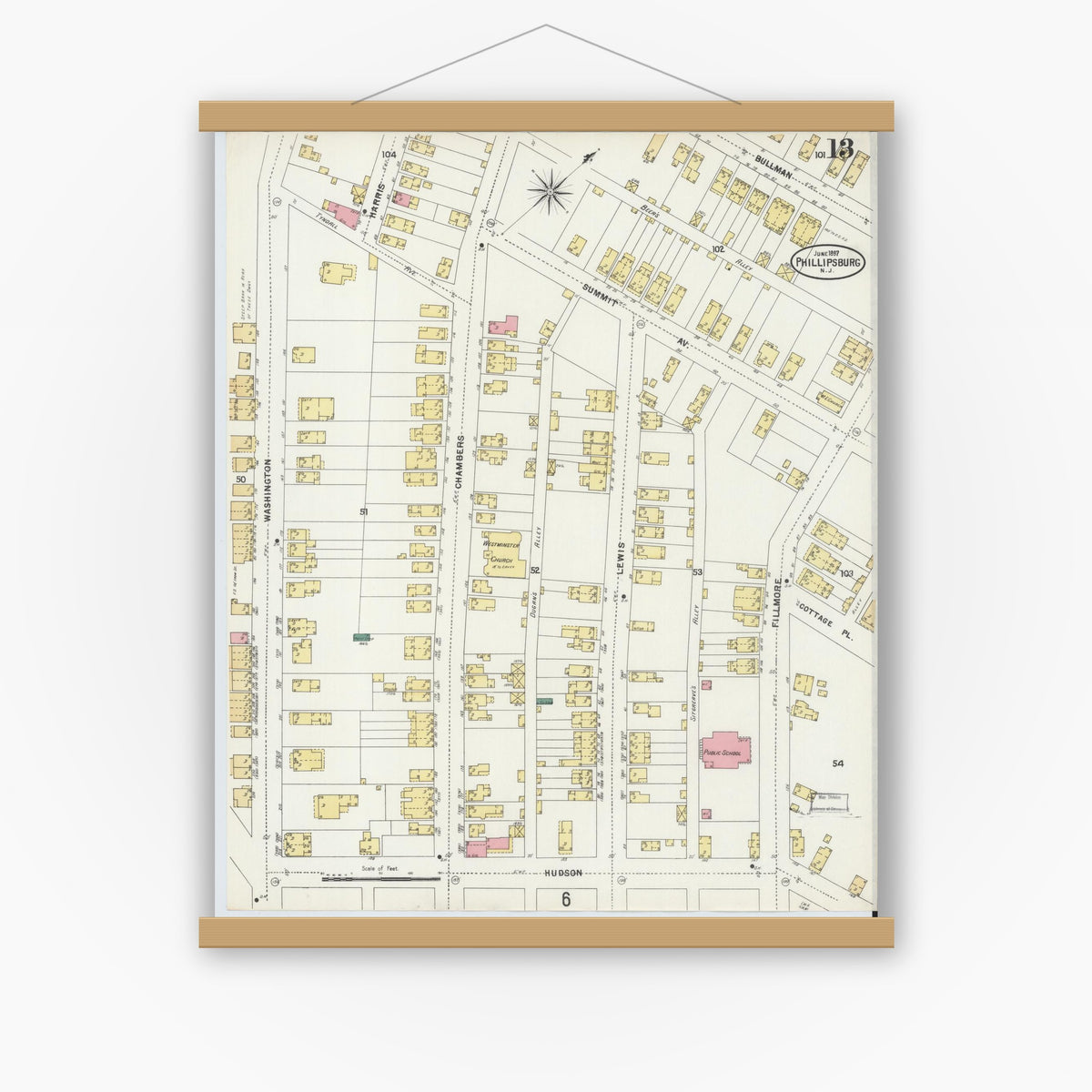 Old map wall art mockup — magnetic wood frame on white wall — Sanborn Fire Insurance Map from Phillipsburg, Warren County, New Jersey (1897), Sheet #0013