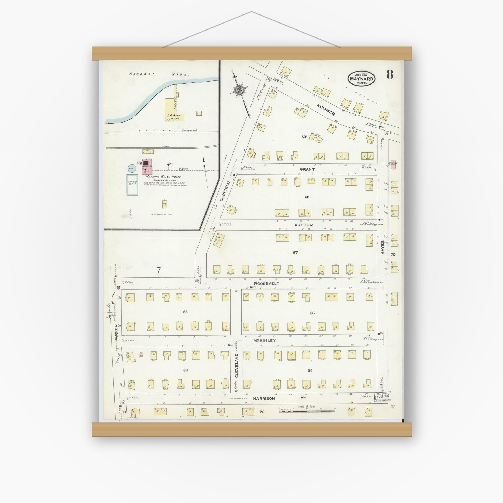 Old map wall art mockup — magnetic wood frame on white wall — Sanborn Fire Insurance Map from Maynard, Middlesex County, Massachusetts (1910), Sheet #0008