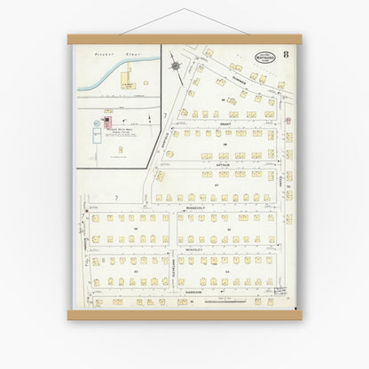 Old map wall art mockup — magnetic wood frame on white wall — Sanborn Fire Insurance Map from Maynard, Middlesex County, Massachusetts (1910), Sheet #0008