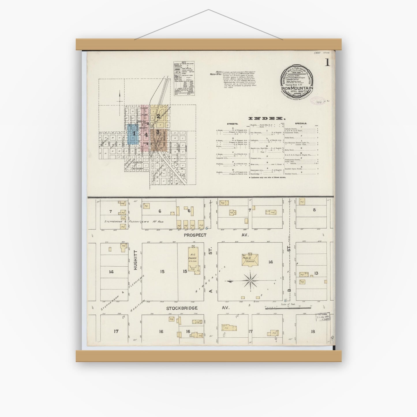 Old map wall art mockup — magnetic wood frame on white wall — Sanborn Fire Insurance Map from Iron Mountain, Dickinson County, Michigan (1888) - Complete Map Set