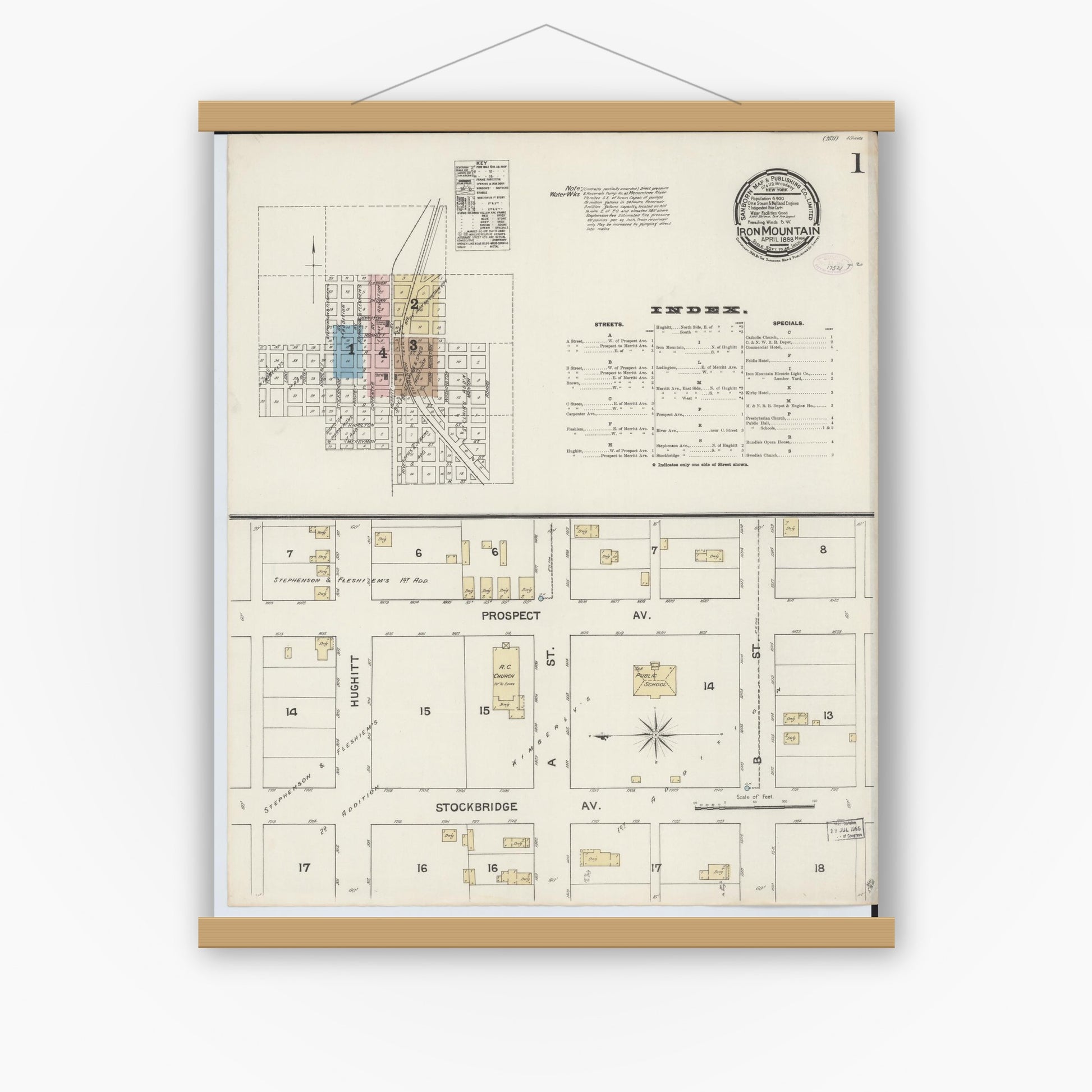 Old map wall art mockup — magnetic wood frame on white wall — Sanborn Fire Insurance Map from Iron Mountain, Dickinson County, Michigan (1888) - Complete Map Set