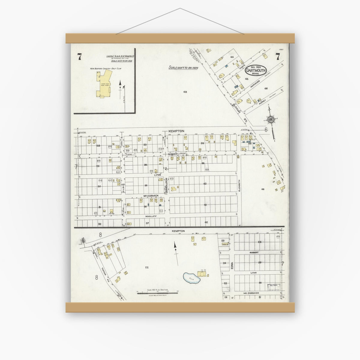 Old map wall art mockup — magnetic wood frame on white wall — Sanborn Fire Insurance Map from Dartmouth, Bristol County, Massachusetts (1924), Sheet #0007
