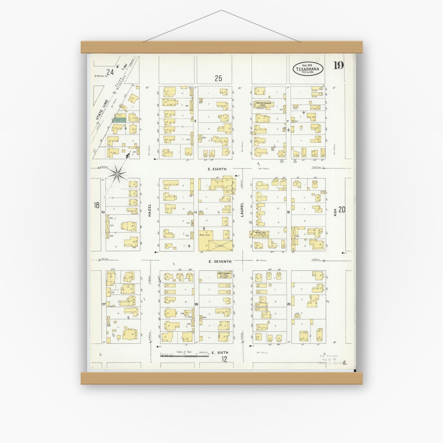 Old map wall art mockup — magnetic wood frame on white wall — Sanborn Fire Insurance Map from Texarkana, Bowie County, Texas (1909), Sheet #0019