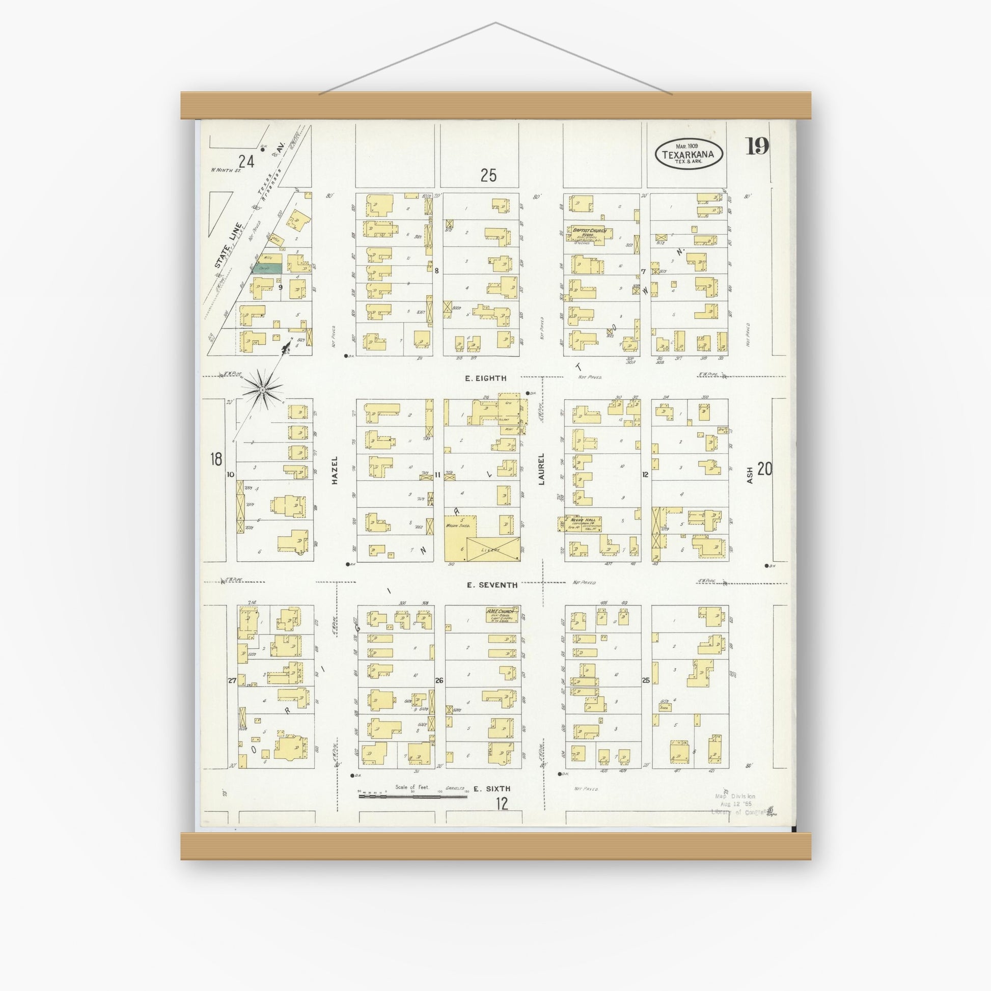 Old map wall art mockup — magnetic wood frame on white wall — Sanborn Fire Insurance Map from Texarkana, Bowie County, Texas (1909), Sheet #0019