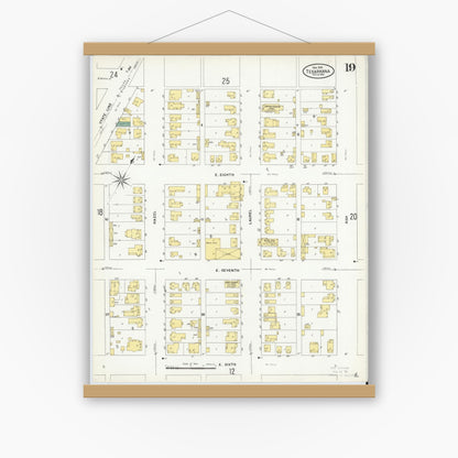 Old map wall art mockup — magnetic wood frame on white wall — Sanborn Fire Insurance Map from Texarkana, Bowie County, Texas (1909), Sheet #0019