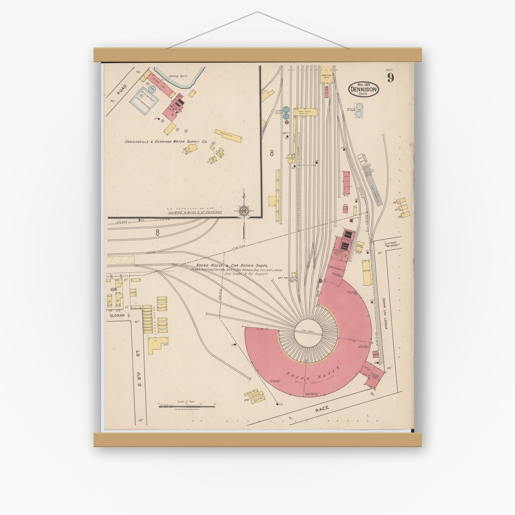 Old map wall art mockup — magnetic wood frame on white wall — Sanborn Fire Insurance Map from Dennison, Tuscarawas County, Ohio (1921), Sheet #0009