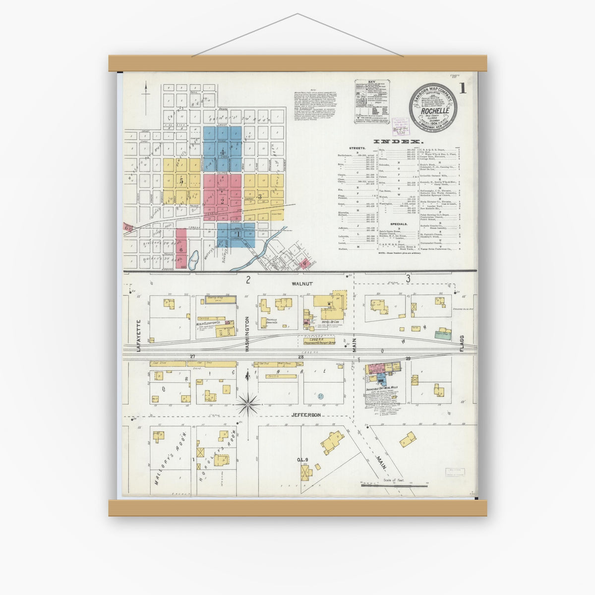 Old map wall art mockup — magnetic wood frame on white wall — Sanborn Fire Insurance Map from Rochelle, Ogle County, Illinois (1904) - Complete Map Set
