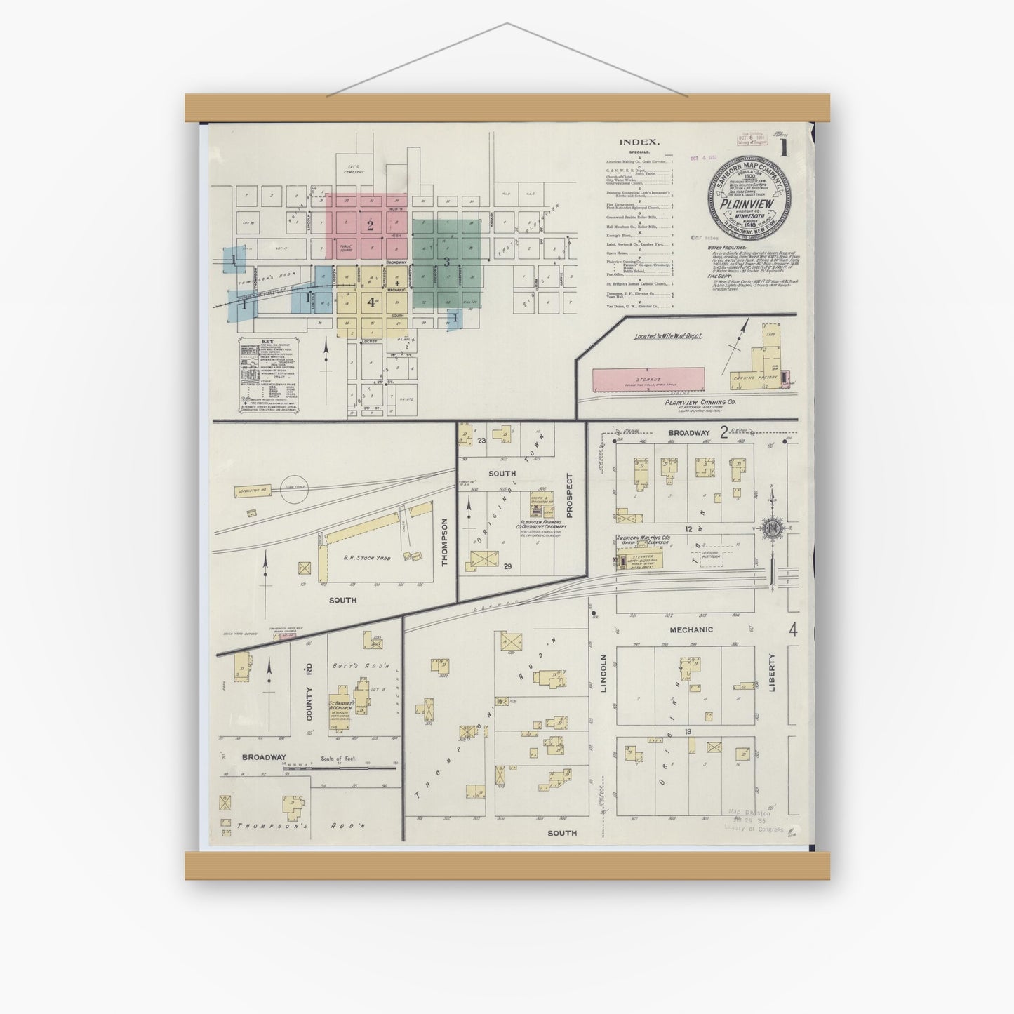 Old map wall art mockup — magnetic wood frame on white wall — Sanborn Fire Insurance Map from Plainview, Wabasha County, Minnesota (1910), Sheet #0001