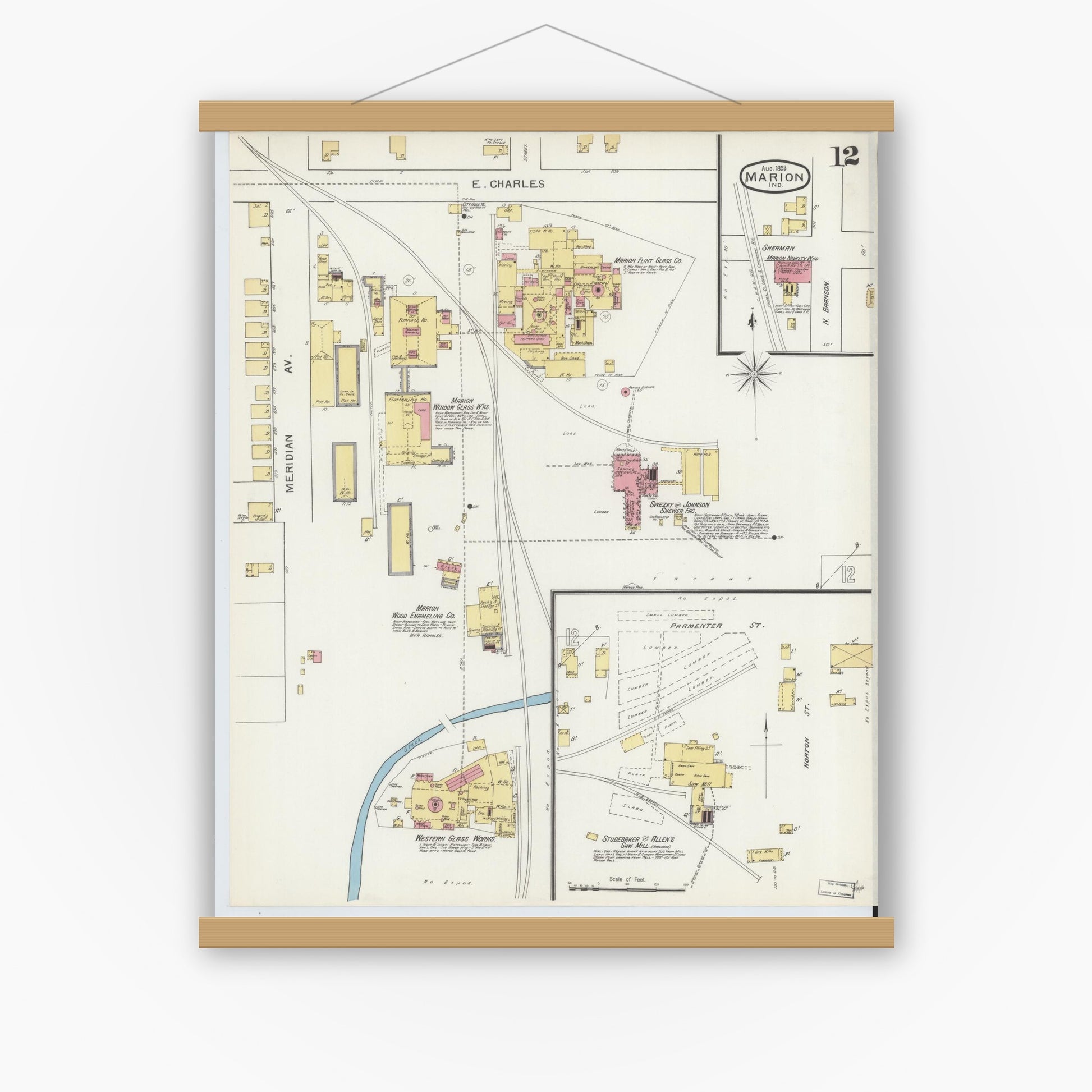 Old map wall art mockup — magnetic wood frame on white wall — Sanborn Fire Insurance Map from Marion, Grant County, Indiana (1893), Sheet #0012
