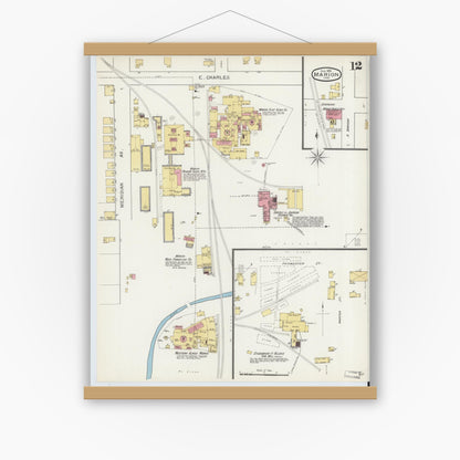 Old map wall art mockup — magnetic wood frame on white wall — Sanborn Fire Insurance Map from Marion, Grant County, Indiana (1893), Sheet #0012