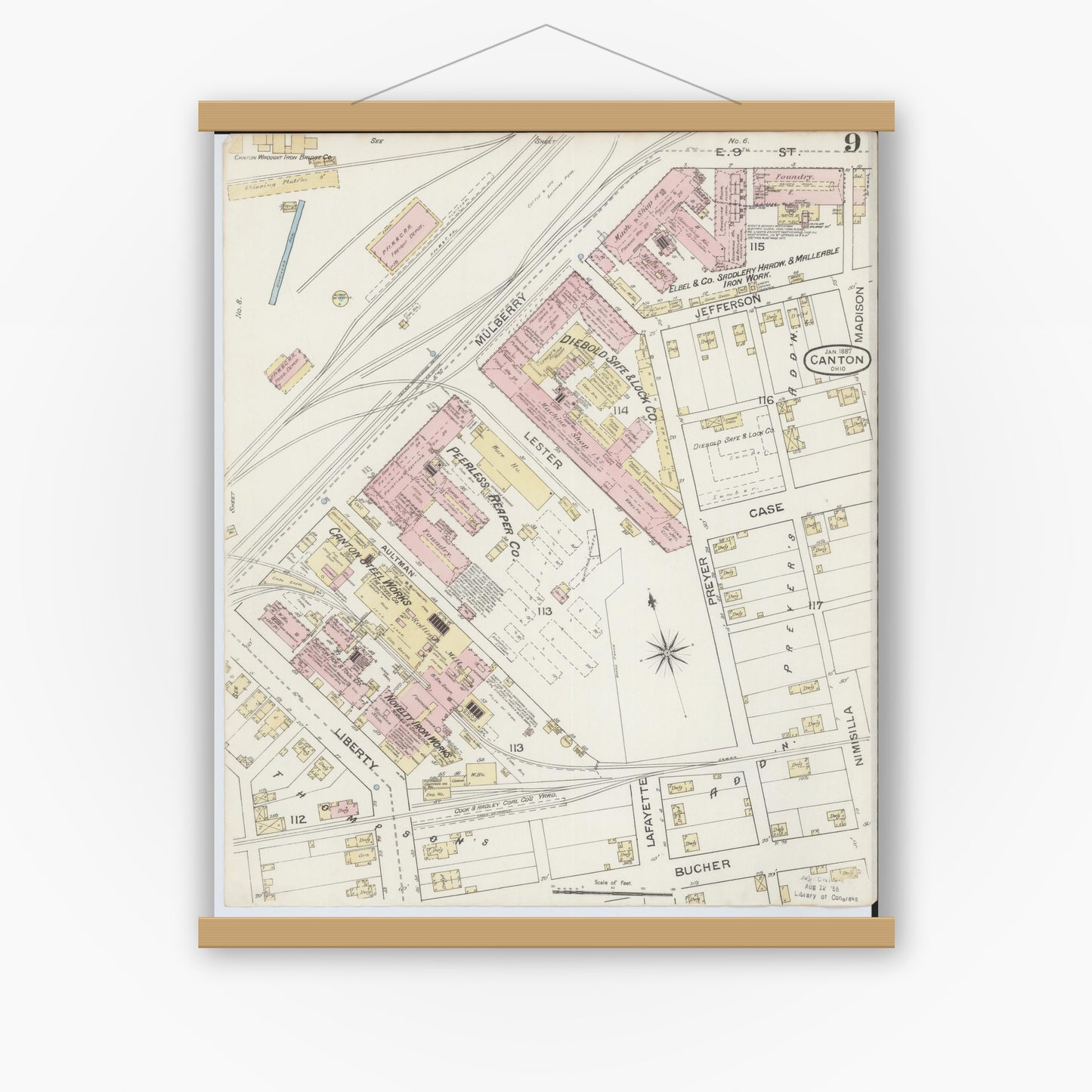 Old map wall art mockup — magnetic wood frame on white wall — Sanborn Fire Insurance Map from Canton, Stark County, Ohio (1887), Sheet #0009