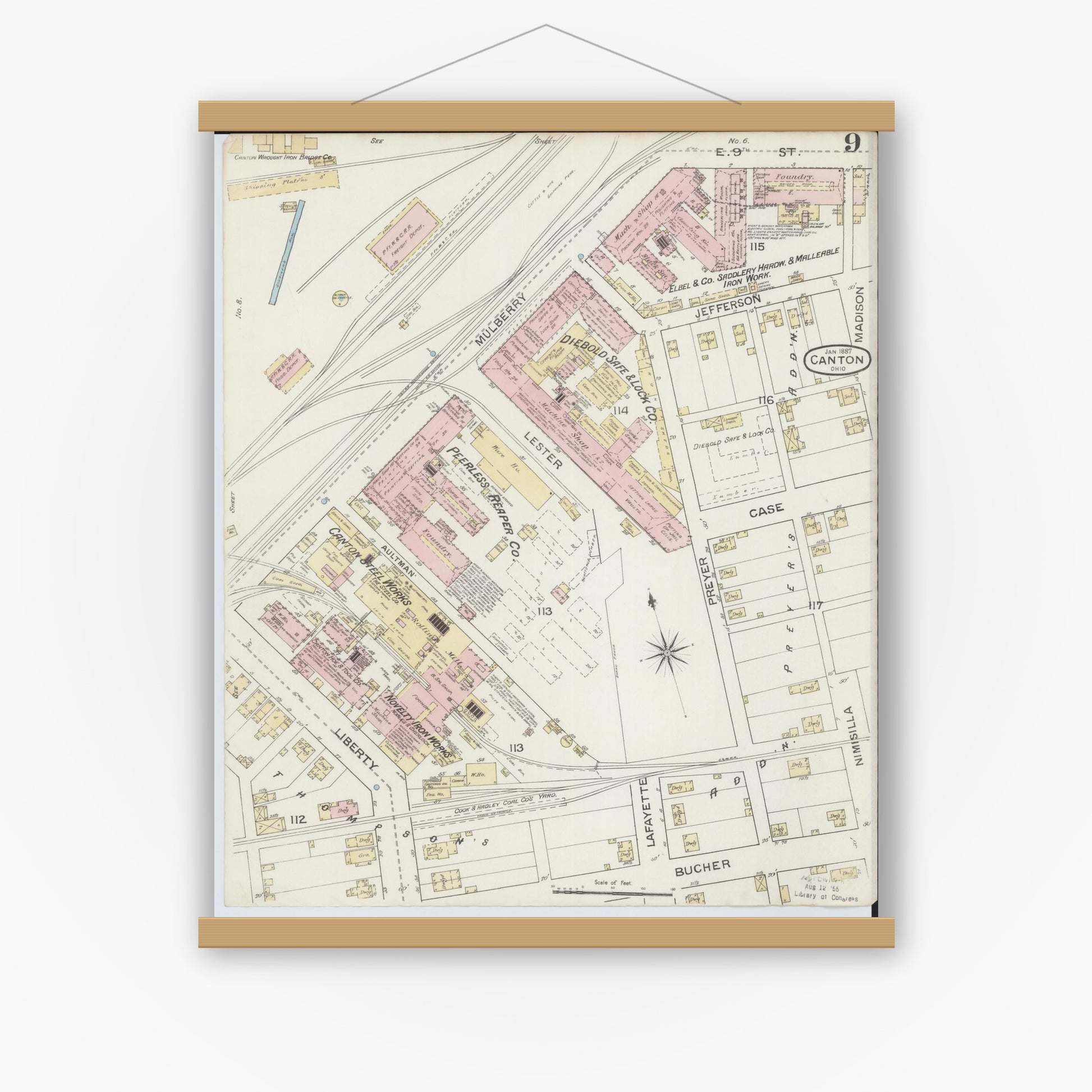 Old map wall art mockup — magnetic wood frame on white wall — Sanborn Fire Insurance Map from Canton, Stark County, Ohio (1887), Sheet #0009