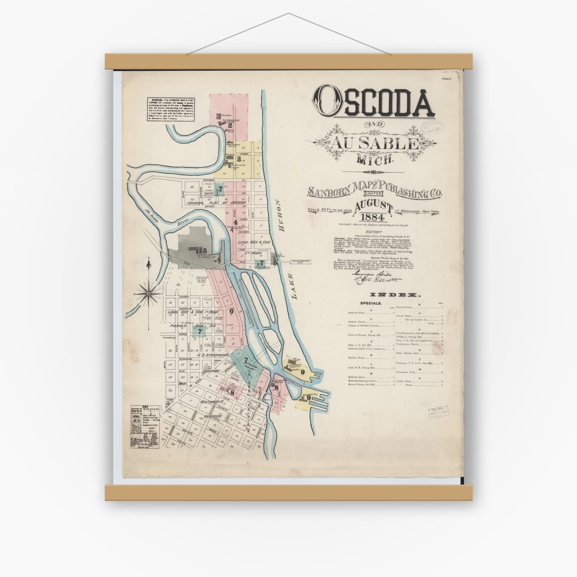 Old map wall art mockup — magnetic wood frame on white wall — Sanborn Fire Insurance Map from Oscoda, Iosco County, Michigan (1884), Sheet #0001
