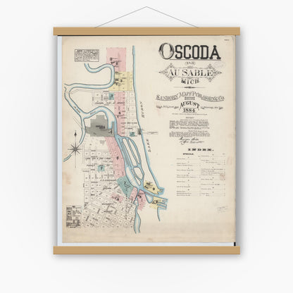Old map wall art mockup — magnetic wood frame on white wall — Sanborn Fire Insurance Map from Oscoda, Iosco County, Michigan (1884), Sheet #0001