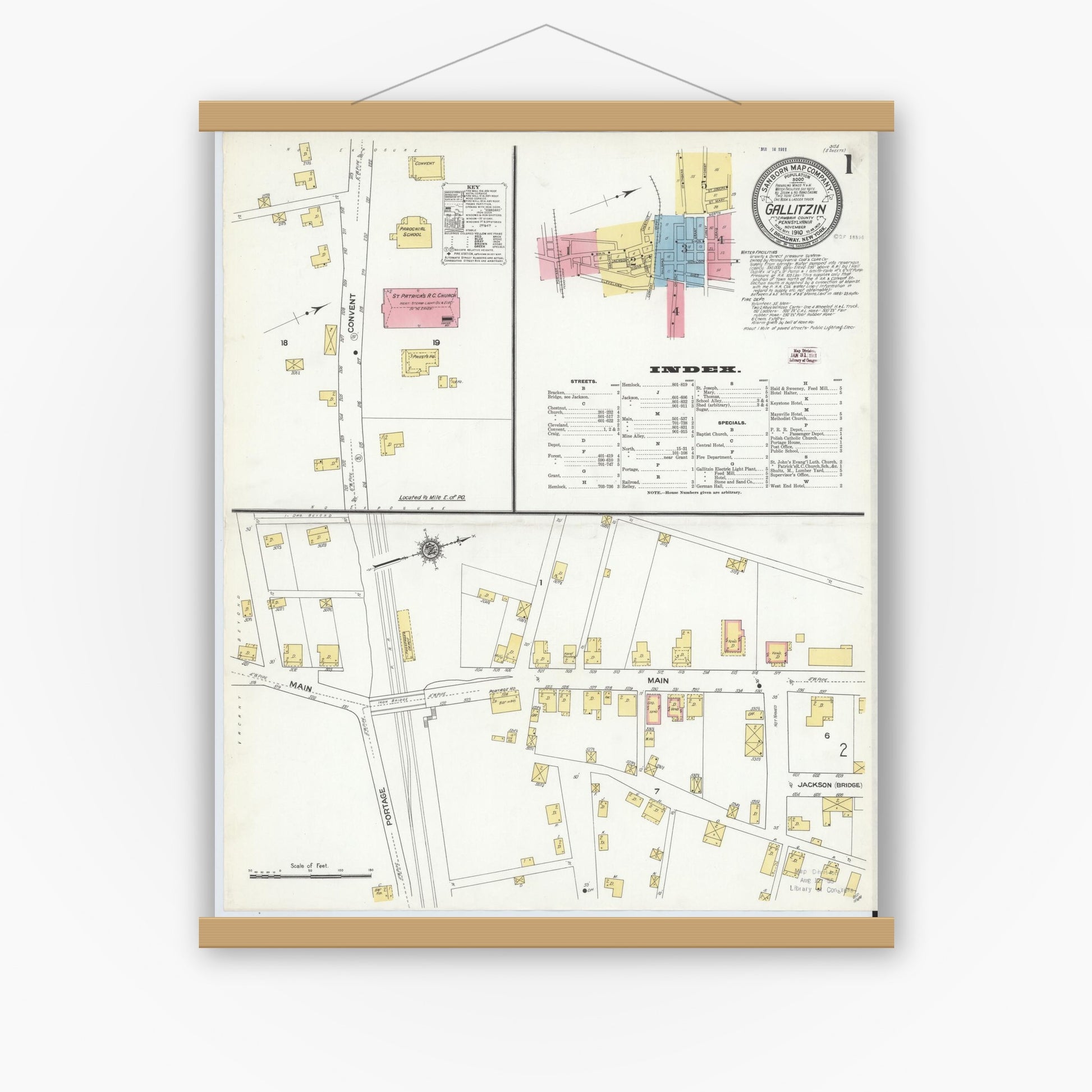 Old map wall art mockup — magnetic wood frame on white wall — Sanborn Fire Insurance Map from Gallitzin, Cambria County, Pennsylvania (1910), Sheet #0001