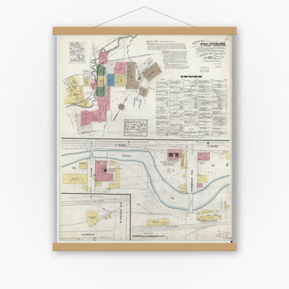 Old map wall art mockup — magnetic wood frame on white wall — Sanborn Fire Insurance Map from Philipsburg, Centre County, Pennsylvania (1917) - Complete Map Set