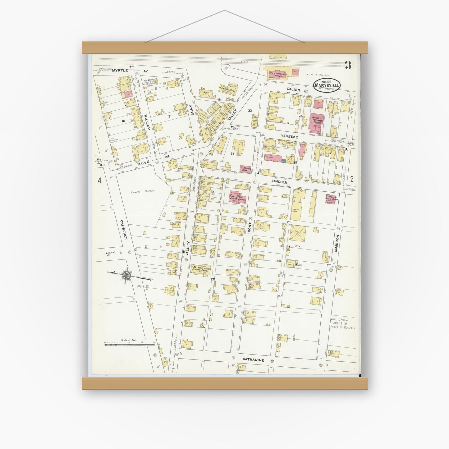 Old map wall art mockup — magnetic wood frame on white wall — Sanborn Fire Insurance Map from Marysville, Perry County, Pennsylvania (1911), Sheet #0003
