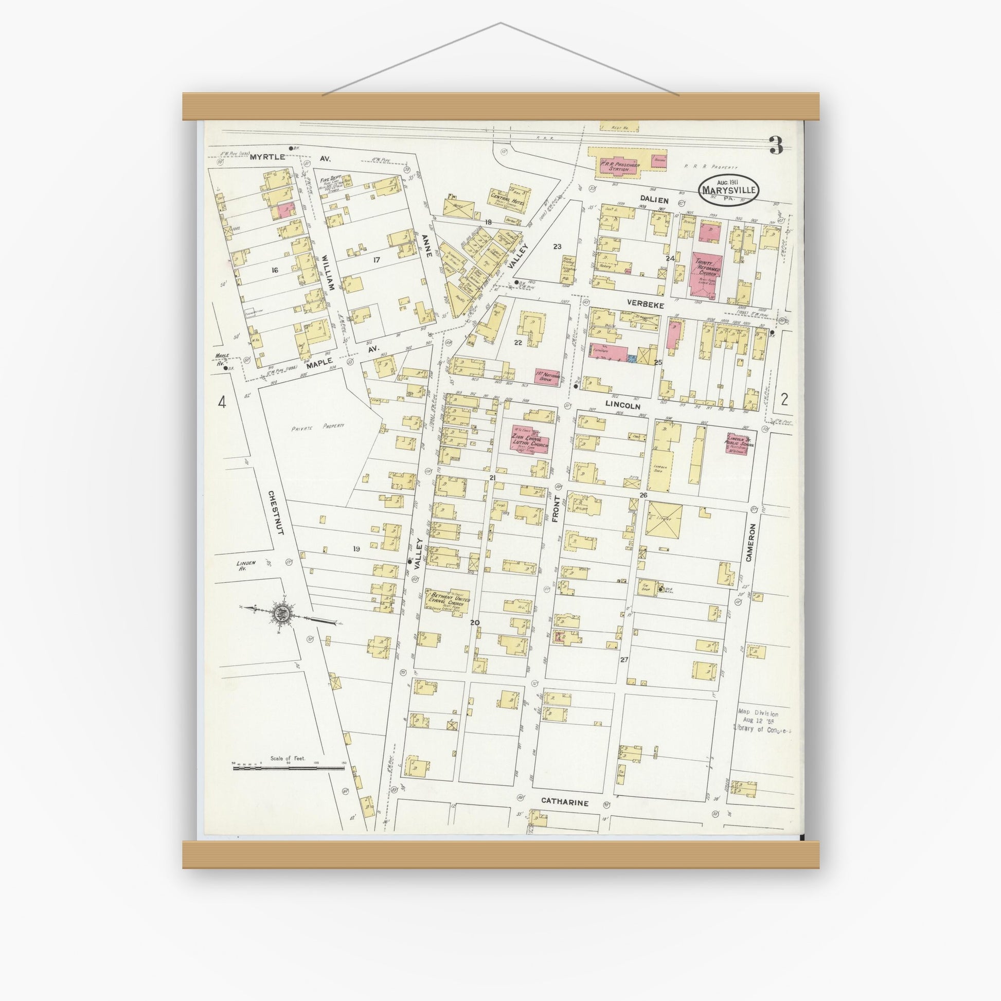 Old map wall art mockup — magnetic wood frame on white wall — Sanborn Fire Insurance Map from Marysville, Perry County, Pennsylvania (1911), Sheet #0003