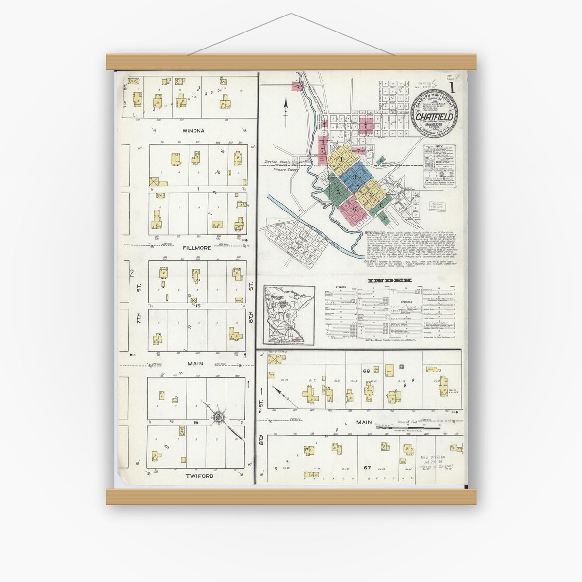 Old map wall art mockup — magnetic wood frame on white wall — Sanborn Fire Insurance Map from Chatfield, Fillmore And Olmsted Counties, Minnesota (1920) - Complete Map Set