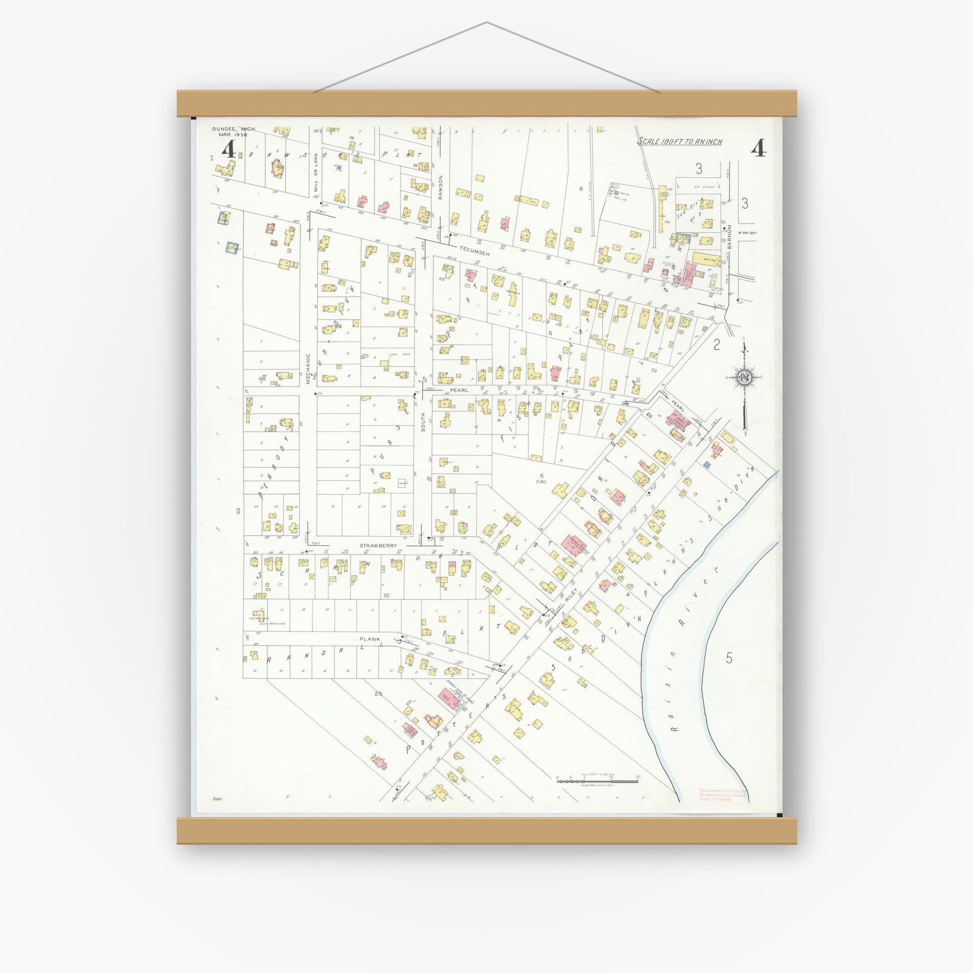 Old map wall art mockup — magnetic wood frame on white wall — Sanborn Fire Insurance Map from Dundee, Monroe County, Michigan (1938), Sheet #0004