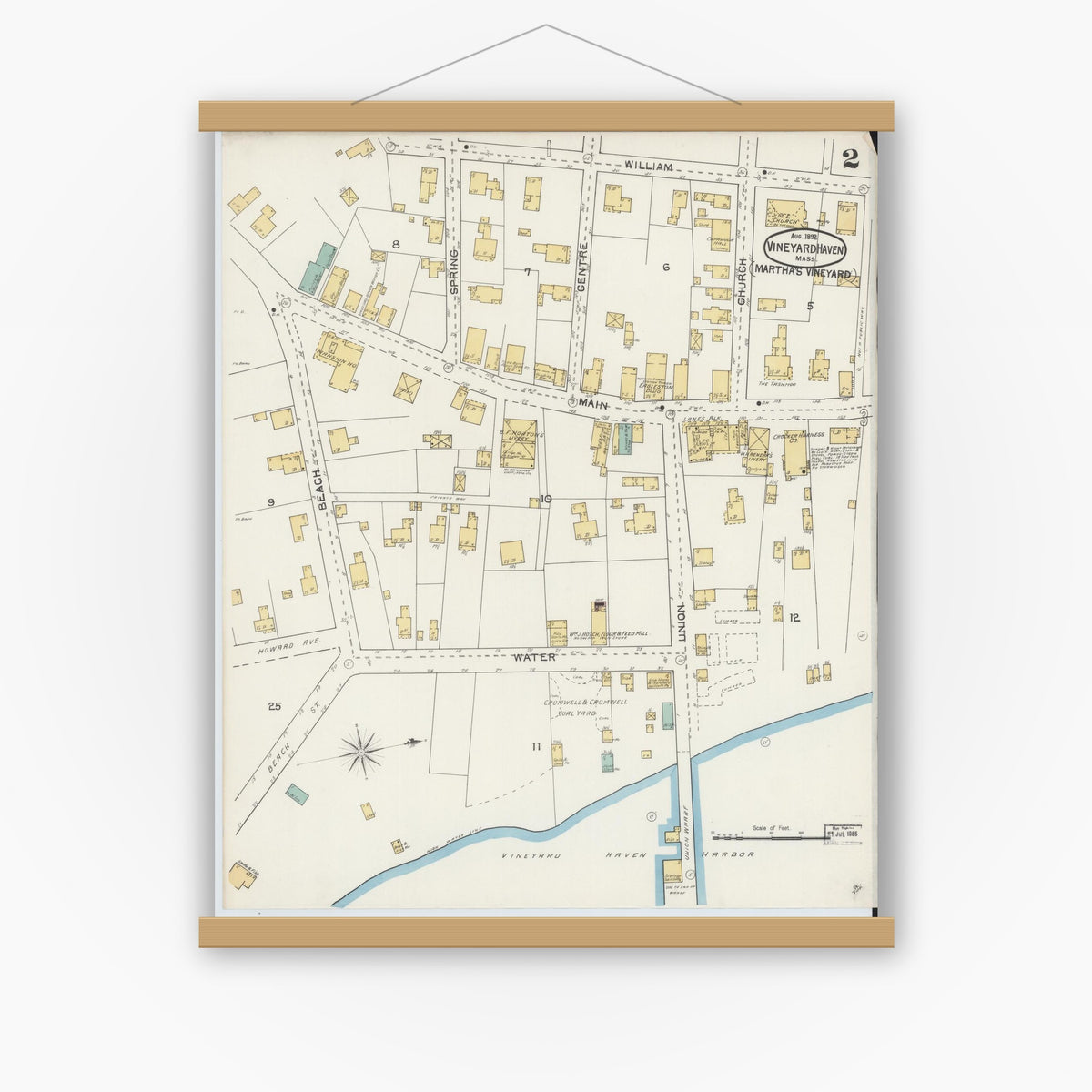 Old map wall art mockup — magnetic wood frame on white wall — Sanborn Fire Insurance Map from Vineyard Haven, Dukes County, Massachusetts (1892), Sheet #0002