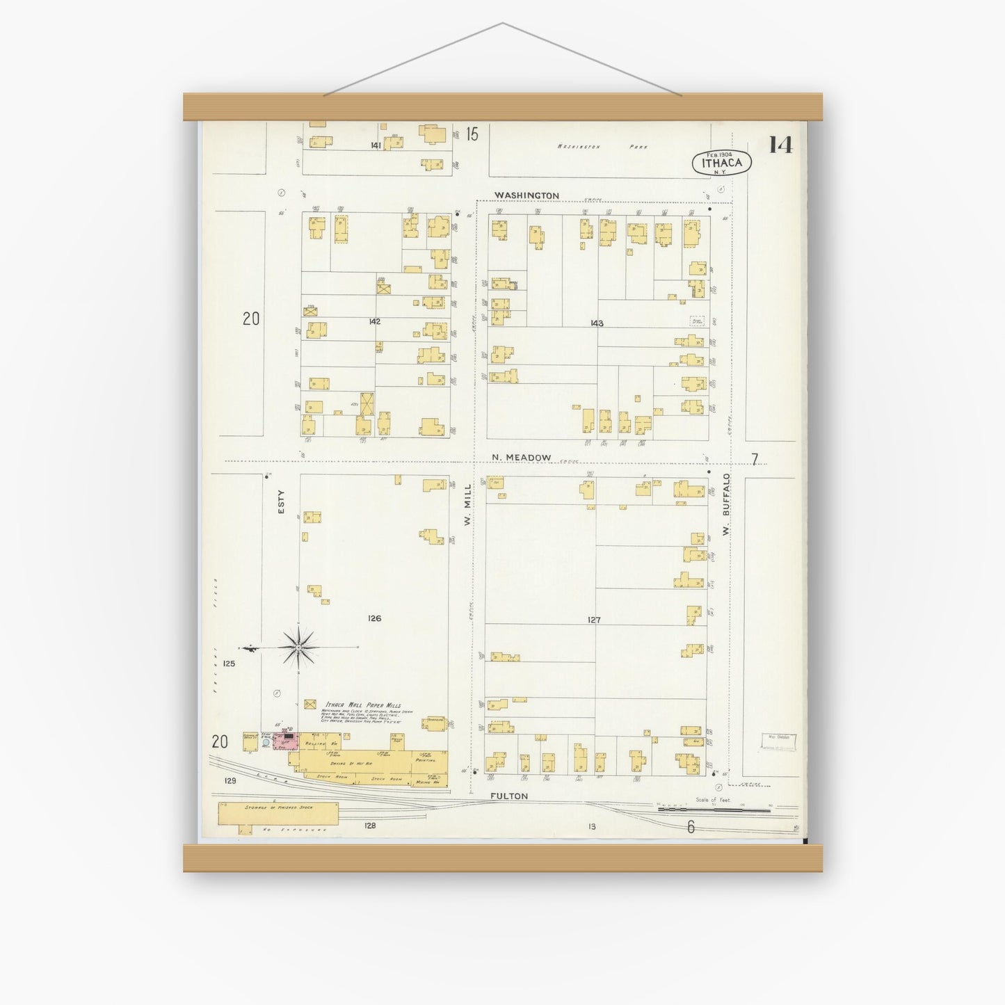 Old map wall art mockup — magnetic wood frame on white wall — Sanborn Fire Insurance Map from Ithaca, Tompkins County, New York (1904), Sheet #0014