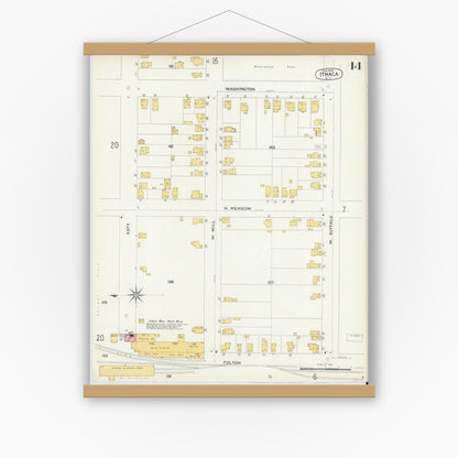 Old map wall art mockup — magnetic wood frame on white wall — Sanborn Fire Insurance Map from Ithaca, Tompkins County, New York (1904), Sheet #0014