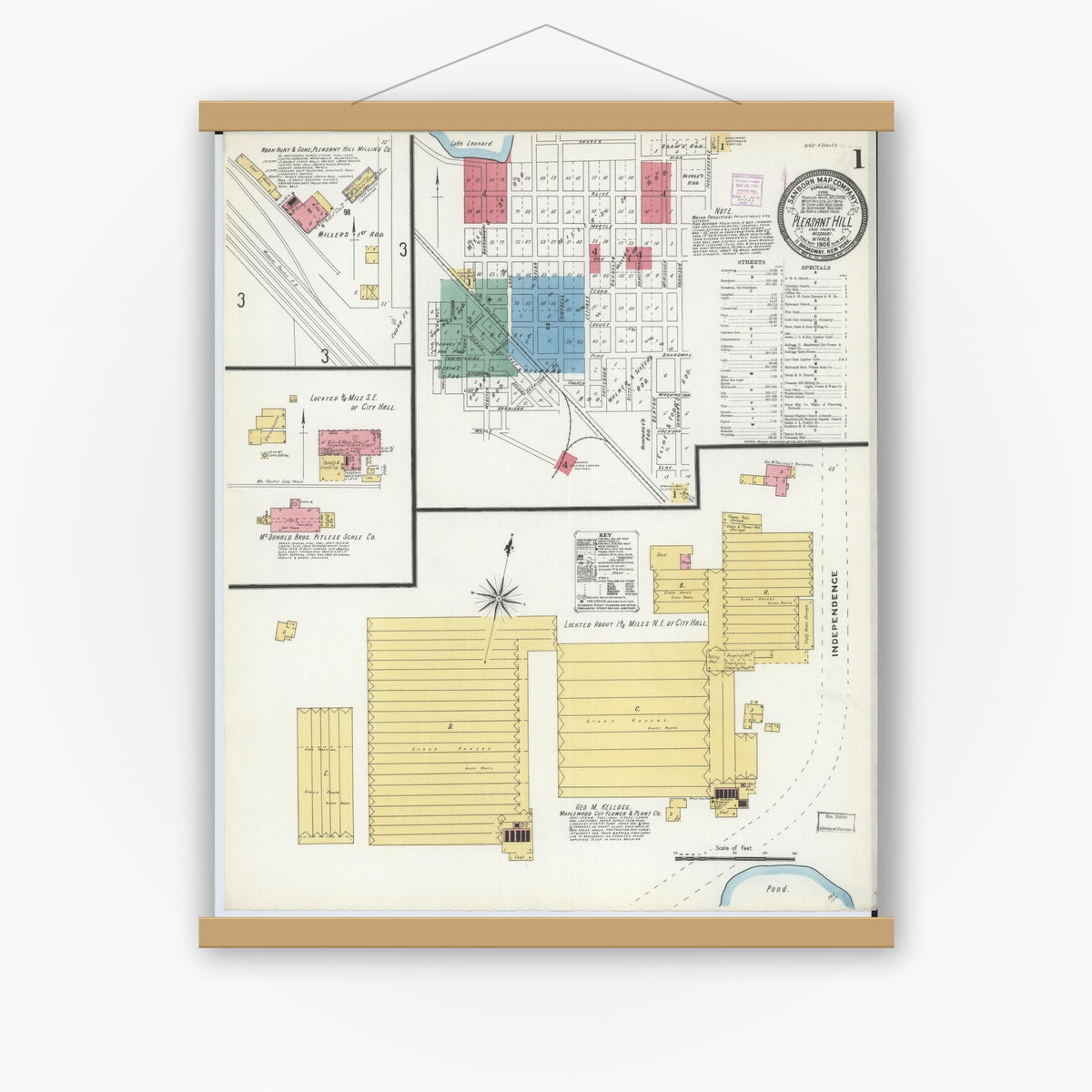 Old map wall art mockup — magnetic wood frame on white wall — Sanborn Fire Insurance Map from Pleasant Hill, Cass County, Missouri (1906), Sheet #0001