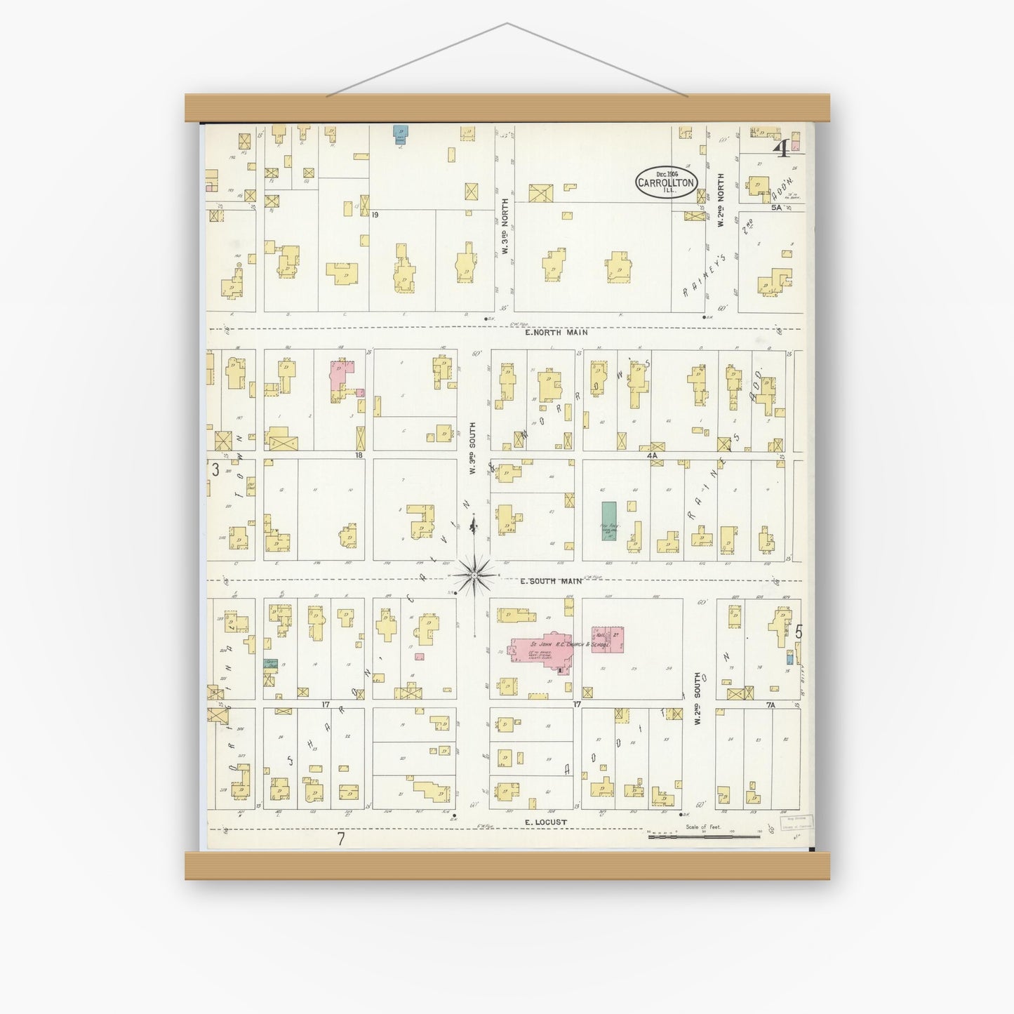 Old map wall art mockup — magnetic wood frame on white wall — Sanborn Fire Insurance Map from Carrollton, Greene County, Illinois (1906), Sheet #0004
