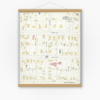 Old map wall art mockup — magnetic wood frame on white wall — Sanborn Fire Insurance Map from Carrollton, Greene County, Illinois (1906), Sheet #0004