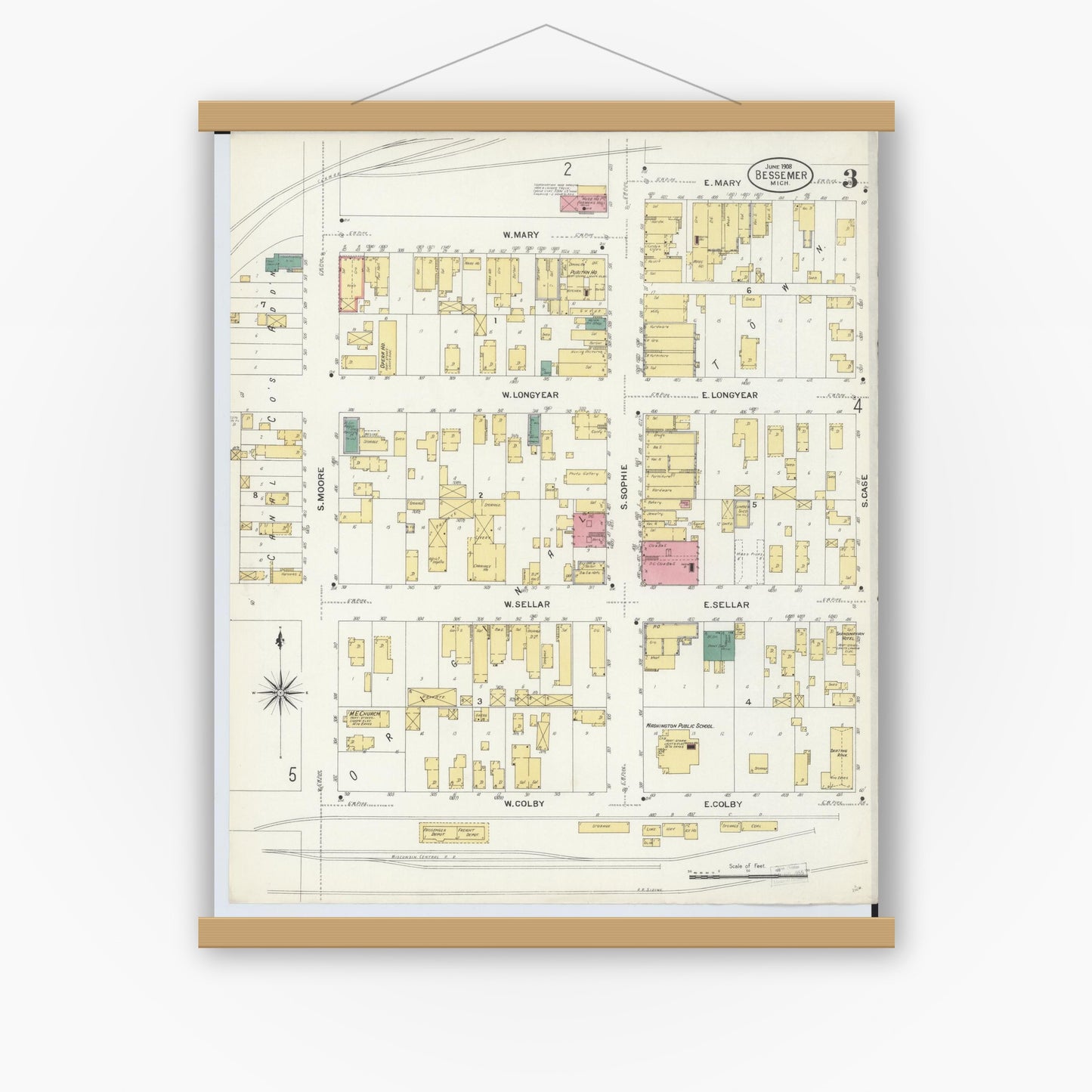 Old map wall art mockup — magnetic wood frame on white wall — Sanborn Fire Insurance Map from Bessemer, Gogebic County, Michigan (1908), Sheet #0003