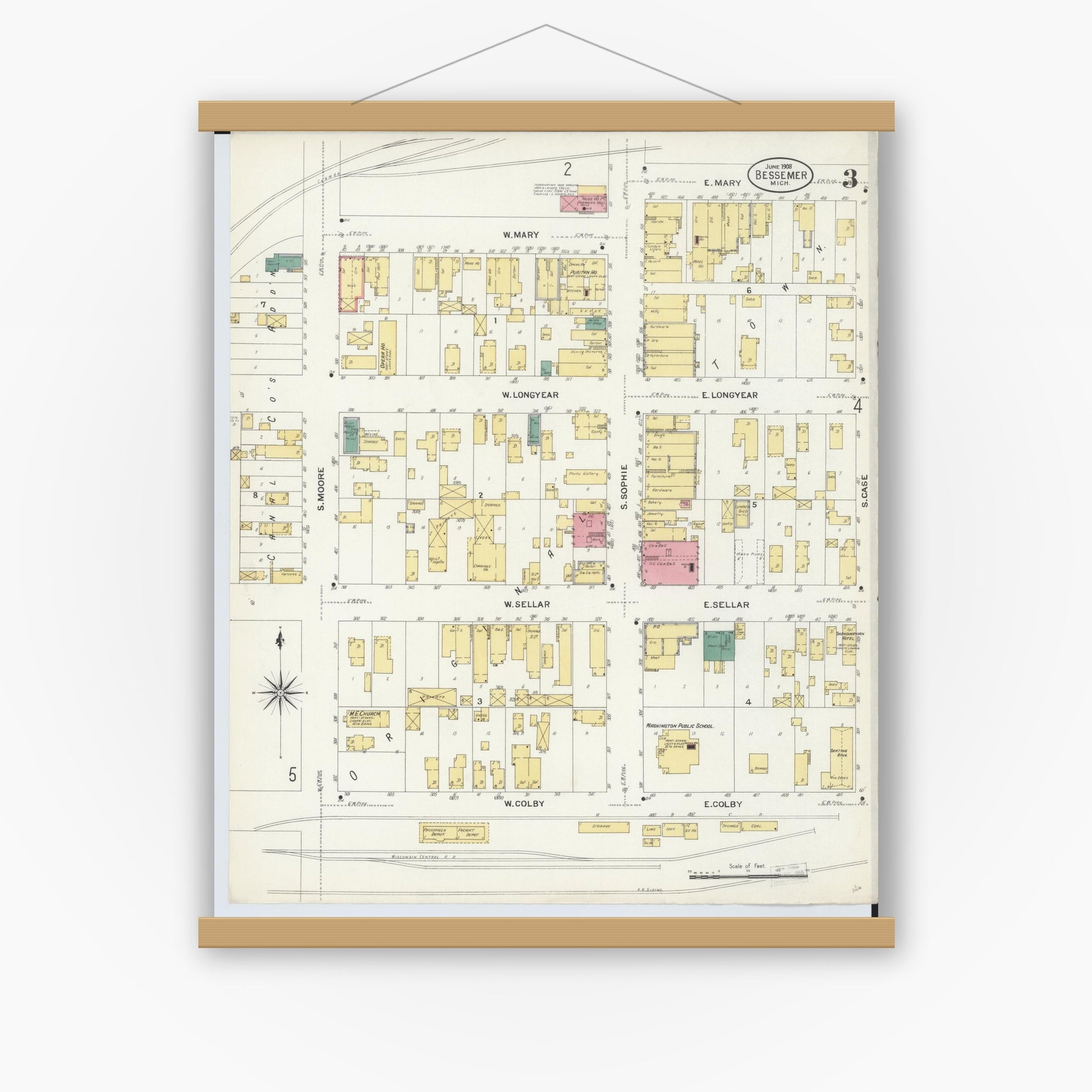 Old map wall art mockup — magnetic wood frame on white wall — Sanborn Fire Insurance Map from Bessemer, Gogebic County, Michigan (1908), Sheet #0003