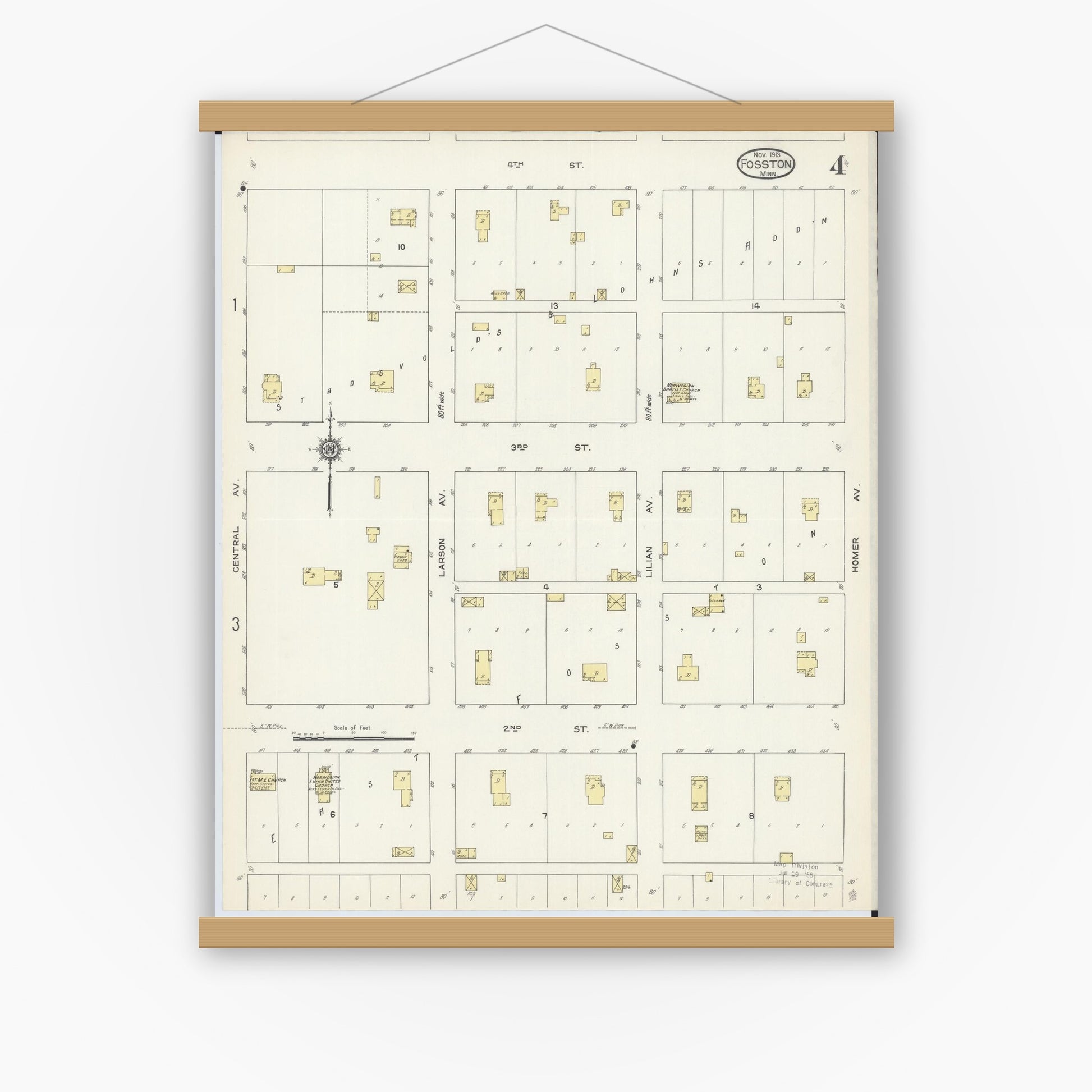 Old map wall art mockup — magnetic wood frame on white wall — Sanborn Fire Insurance Map from Fosston, Polk County, Minnesota (1913), Sheet #0004