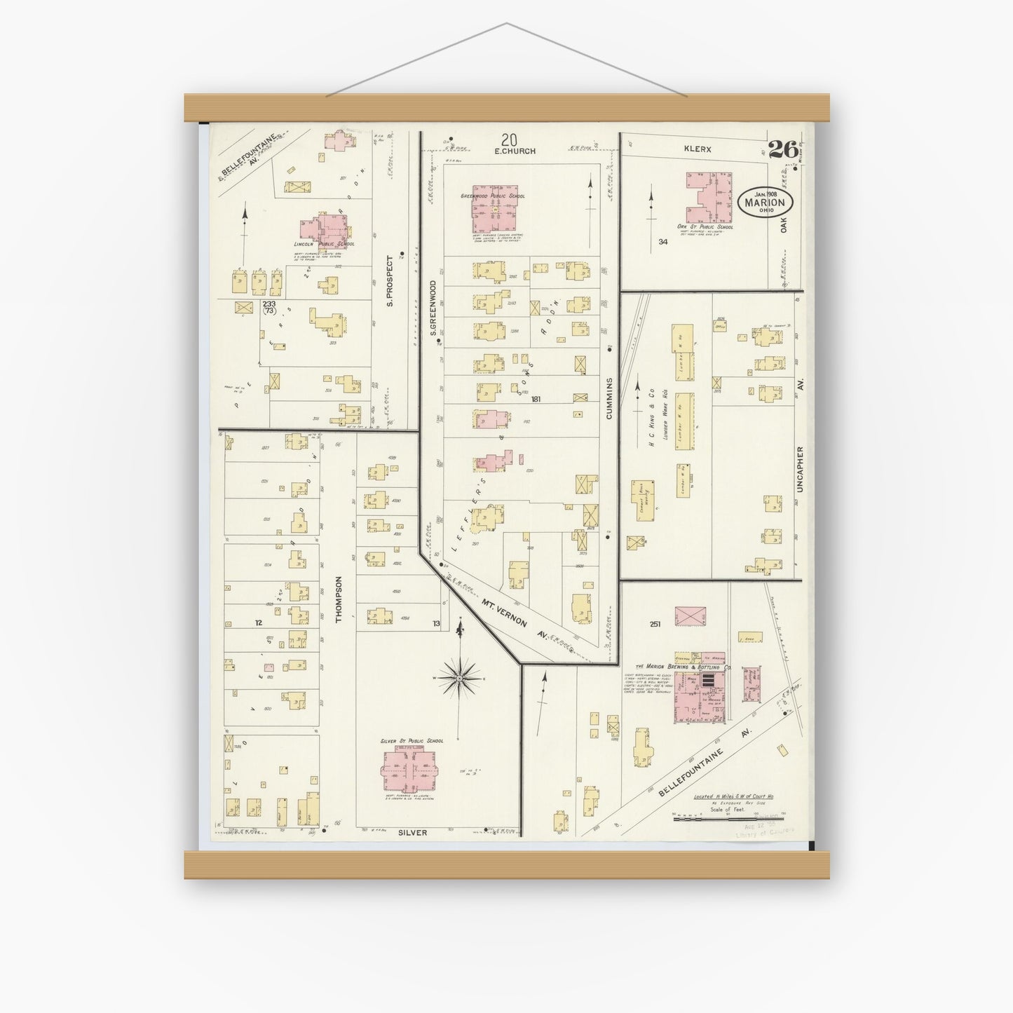 Old map wall art mockup — magnetic wood frame on white wall — Sanborn Fire Insurance Map from Marion, Marion County, Ohio (1908), Sheet #0026