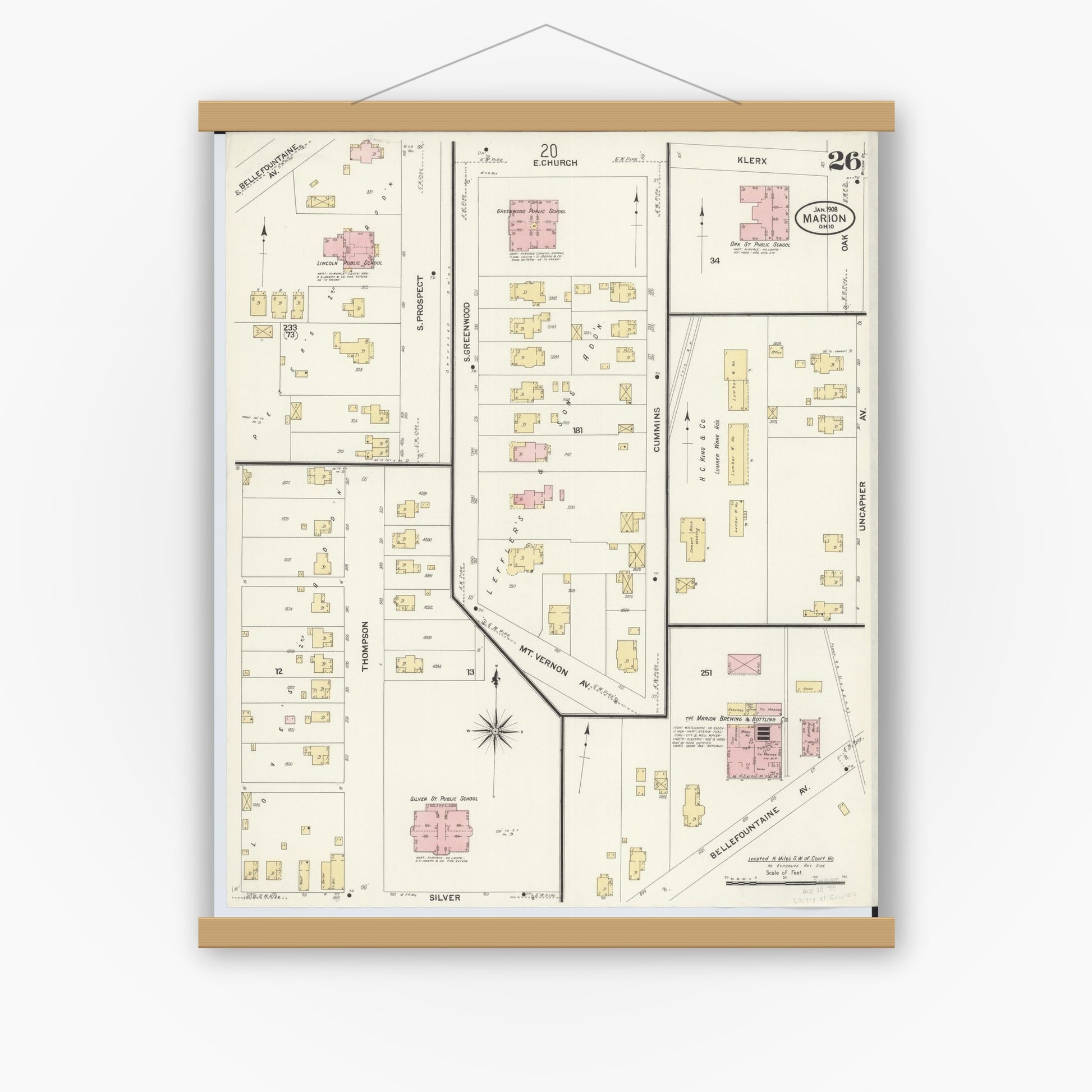 Old map wall art mockup — magnetic wood frame on white wall — Sanborn Fire Insurance Map from Marion, Marion County, Ohio (1908), Sheet #0026