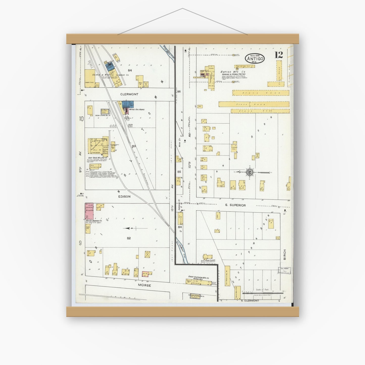 Old map wall art mockup — magnetic wood frame on white wall — Sanborn Fire Insurance Map from Antigo, Langlade County, Wisconsin (1919), Sheet #0012