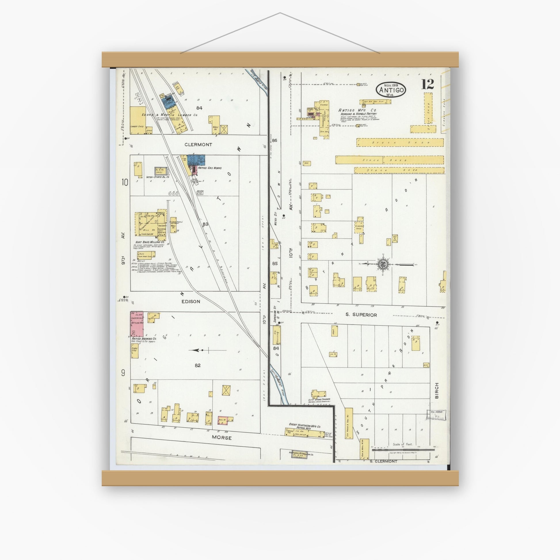 Old map wall art mockup — magnetic wood frame on white wall — Sanborn Fire Insurance Map from Antigo, Langlade County, Wisconsin (1919), Sheet #0012