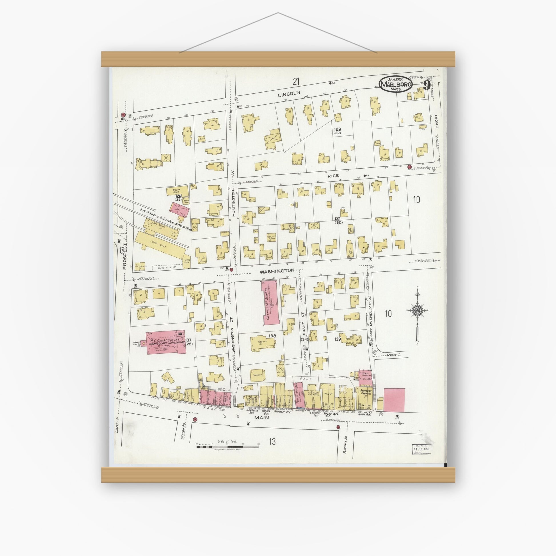 Old map wall art mockup — magnetic wood frame on white wall — Sanborn Fire Insurance Map from Marlborough, Middlesex County, Massachusetts (1920), Sheet #0009
