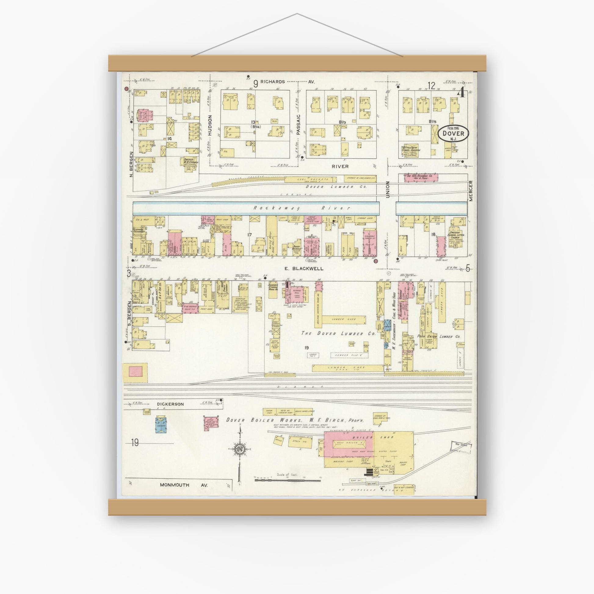 Old map wall art mockup — magnetic wood frame on white wall — Sanborn Fire Insurance Map from Dover, Morris County, New Jersey (1916), Sheet #0004