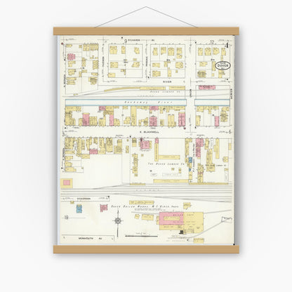 Old map wall art mockup — magnetic wood frame on white wall — Sanborn Fire Insurance Map from Dover, Morris County, New Jersey (1916), Sheet #0004